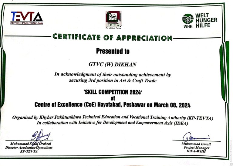 Certificate of securing 3rd position in the skill competition 2024 in Art & Craft Trade.